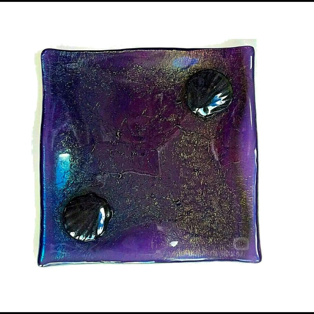 Stoddard Studio Fused Glass Square Iridescent Rainbow Dish w/ Shells 7"x7" NEW